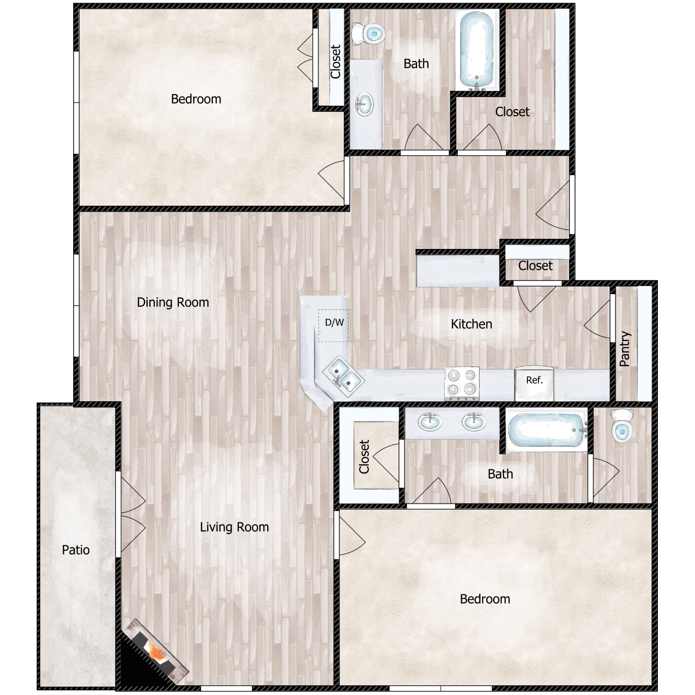Floor plan for 2 beds, 2 baths, 1500 sqft